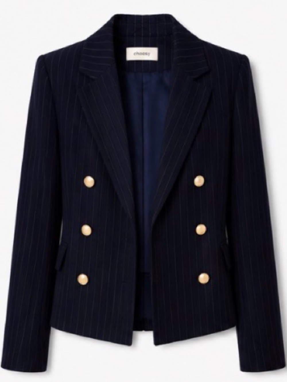 Choosy Cropped Pinstripe Blazer Gold Button Open Front Structured Jacket Size 2